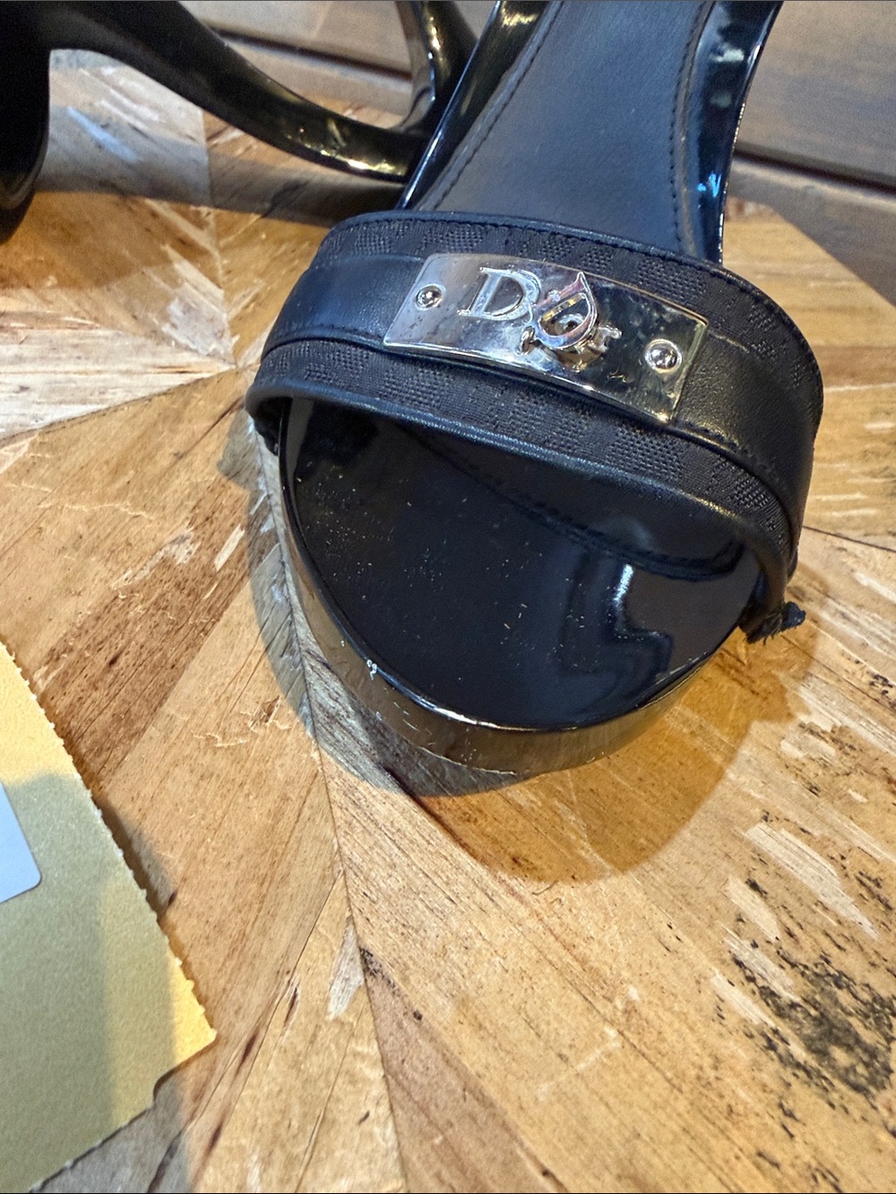 Dior Black Patent Slide Mules with Gold Logo Plaque - Picture 7 of 7